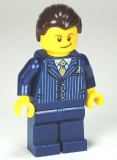 LEGO cty0460 Businessman Pinstripe Jacket and Gold Tie, Dark Blue Legs, Dark Brown Hair, Crooked Smile