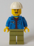 LEGO cty1050 Truck Driver - Blue Jacket over Dark Red V-Neck Sweater, Olive Green Legs, White Construction Helmet