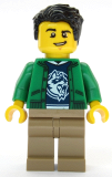 LEGO cty1086 Ski Shop Clerk - Male, Green Jacket over Raccoon Shirt, Black Hair