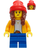 LEGO cty1235 Girl - Bright Light Orange Jacket, Blue Medium Short Legs, Reddish Brown Hair with Braids, Red Beanie