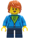 LEGO cty1271 Boy - Dark Azure Hoodie with Green Striped Shirt, Dark Blue Short Legs, Dark Orange Hair, Freckles, Small Open Smile with Tongue