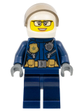 LEGO cty1363 Police - City Motorcyclist Female, Leather Jacket with Gold Badge and Utility Belt, White Helmet, Trans-Black Visor, Glasses, and Open Mouth Smile