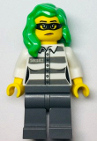 LEGO cty1364 Police - Jail Prisoner 50382 Prison Stripes, Female, Dark Bluish Gray Legs, Frown with Black Mask, Green Hair