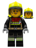 LEGO cty1399 Fire - Female, Black Jacket and Legs with Reflective Stripes and Red Collar, Neon Yellow Fire Helmet, Trans-Black Visor, Dark Bluish Gray Splotches