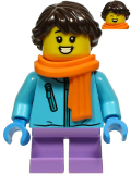 LEGO hol215 Girl - Medium Azure Winter Jacket, Medium Lavender Short Legs, Dark Brown Hair, Orange Scarf